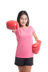 Young Asian woman with red boxing gloves.