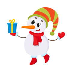 Cute and funny little snowman holding a Christmas gift, present, cartoon vector illustration isolated on white background. Funny snowman in hat and mittens with Xmas gift, holiday decoration element