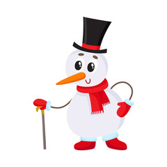 Cute and funny little snowman in cylinder hat leaning on a cane, present, cartoon vector illustration isolated on white background. Funny snowman in black hat with cane, holiday decoration element
