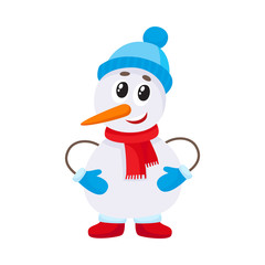Cute and funny little snowman in hat and mittens, cartoon vector illustration isolated on white background. Funny snowman, Christmas holiday decoration element
