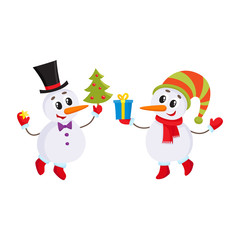 two cute snowman holding a Christmas tree and gift box, cartoon vector illustration isolated on white background. Funny snowman in hat, holiday season decoration element