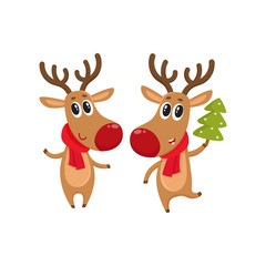 Two Christmas reindeer with a red scarf and green fir tree, cartoon vector illustration isolated on white background. Christmas red nosed deer, holiday decoration element