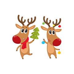 Two reindeer with Christmas toys and tree, cartoon vector illustration isolated on white background. Christmas red nosed deer, holiday decoration element