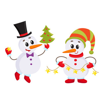 two snowmen holding a Christmas tree and an electric garland with lights, cartoon vector illustration isolated on white background. Funny snowman in hat, holiday season decoration element