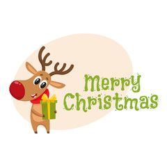 Merry Christmas greeting card template with Funny reindeer in red scarf holding a gift, present, cartoon vector. Christmas poster, banner, postcard, greeting card design with a deer