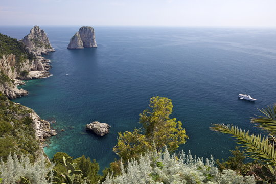 View of Faraglioni Rocks from Gardens of Augustus on Isle of Capri, Bay of Naples, Campania