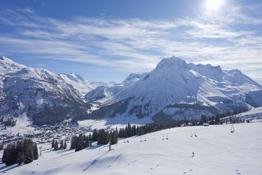 Ski slopes above Lech near St. Anton am Arlberg in winter snow, Austrian Alps, Austria