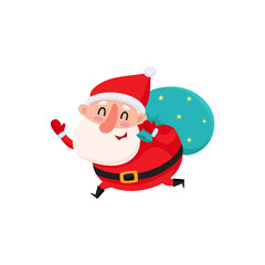 Funny Santa Claus running with bag of Christmas gifts, cartoon vector illustration isolated on white background. Santa Claus with Christmas gift bag on his shoulder, holiday season decoration element
