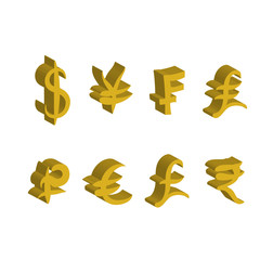 Set of gold main currency signs. Signs of dollar and yen, frank and lira, euro and pound with rupee. Vector illustration