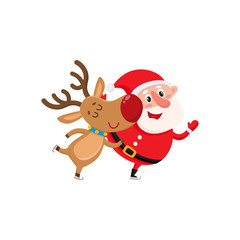 Santa and reindeer skate and have fun, cartoon vector illustration isolated on white background. Santa Claus and deer, Christmas attributes, holiday decoration elements