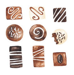 Chocolate collection. Watercolor illustration on white isolated background