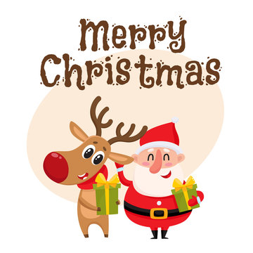 Merry Christmas greeting card template with Funny Santa Claus and reindeer holding gifts, presents, cartoon vector illustration. Christmas poster, banner, postcard, greeting card design with a deer