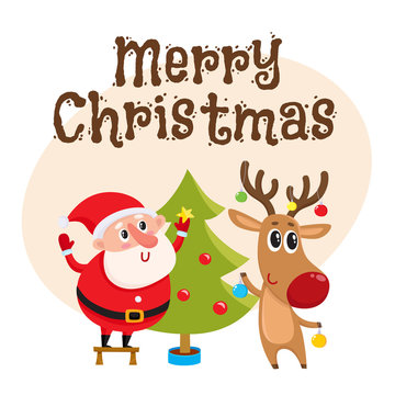 Merry Christmas greeting card template with Funny Santa Claus and reindeer decorating tree with balls and stars, cartoon vector. Christmas poster, banner, postcard, greeting card design with a deer