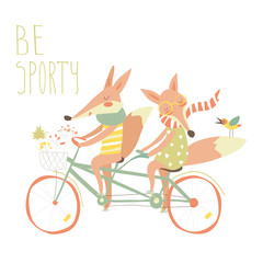 Fototapeta premium Cute couple foxes ride tandem bicycle