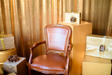living room with an armchair, with a lot of Christmas gifts