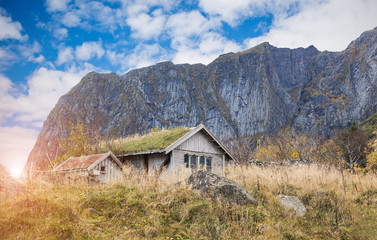 Fototapeta na wymiar Old wooden house in the mountains. On the roof of the house growing green grass. Scandinavia.