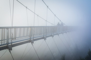 The Mile High Swinging Bridge in fog, at Grandfather Mountain, N