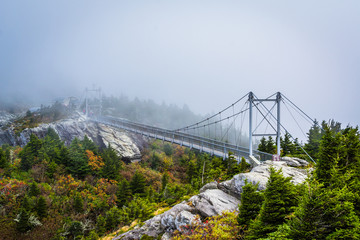 The Mile High Swinging Bridge in fog, at Grandfather Mountain, N