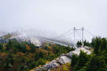 The Mile High Swinging Bridge in fog, at Grandfather Mountain, N