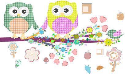 Valentine boy and girl owls sat on a tree branch,