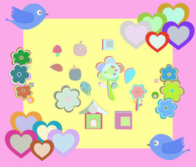 Vintage romantic card with flowers and birds. pattern with bird