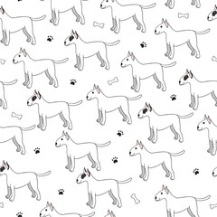 Unusual seamless pattern with cute cartoon dogs. Breed bullterie