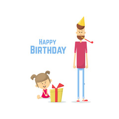 Birthday daughter. Dad gives daughter gift and blowing on a whistle. Flat Vector illustration.