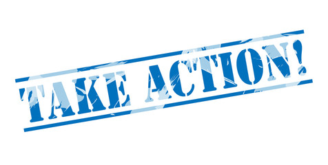 take action! blue stamp on white background