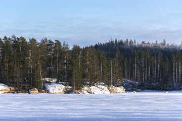 landscape of the frozen lake and other lakeside with snowy rocks and black forest of pine trees in finland