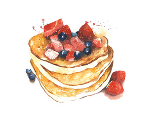 Pancakes with fruits breakfast watercolor painting illustration isolated on white background