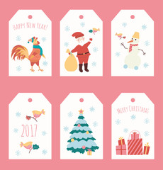 Set of Christmas illustration with snowflake. Vector New Year character on white label.
