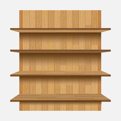 Empty shelves on the wooden wall, illuminated with reflector light on checkered background, vector illustration