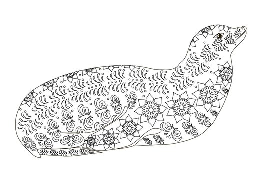 Hand drawn zentangle fur seal, black and white anti stress stock vector illustration