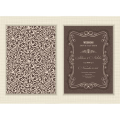 Wedding invitation cards in an vintage-style blue and beige. Beautiful Victorian ornament. Frame with floral elements. Vector illustration.