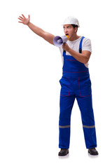 Man with megaphone isolated on white