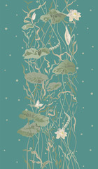 Fototapeta na wymiar Water lily, lotus flowers leaves and pads grow among air bubbles. Vector illustration.