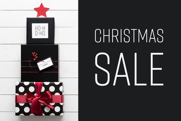 Christmas sale concept. Black, red and white christmas presents