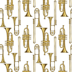 Seamless Pattern With Brass Trumpets and Trombones