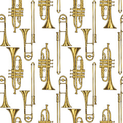 Fototapeta premium Seamless Pattern With Brass Trumpets and Trombones