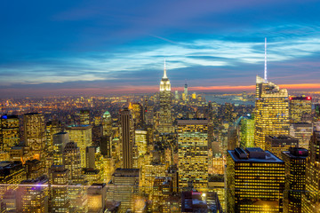 Night view of New York Manhattan during sunset