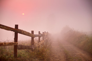 Foggy rural scene. Fence and dirt road at misty morning