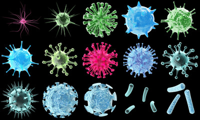3d rendering virus bacteria icons set, abstract beautiful microbiological colorful cell microbe virus molecule bacteria objects set isolated on black background.
