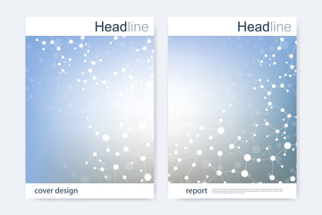 Scientific brochure design template. Vector flyer layout, Molecular structure with connected lines and dots. Scientific pattern atom DNA with elements for magazine, leaflet, cover, poster design.