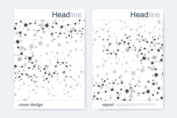 Scientific brochure design template. Vector flyer layout, Molecular structure with connected lines and dots. Scientific pattern atom DNA with elements for magazine, leaflet, cover, poster design.
