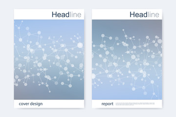 Scientific brochure design template. Vector flyer layout, Molecular structure with connected lines and dots. Scientific pattern atom DNA with elements for magazine, leaflet, cover, poster design.