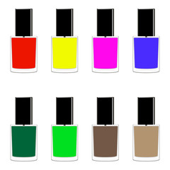 eps 10 vector set of nail polish. Colorful palette of professional nail enamels. Manicure and pedicure beauty tools advertising banner for web, print. Realistic bottle design, change or add any color