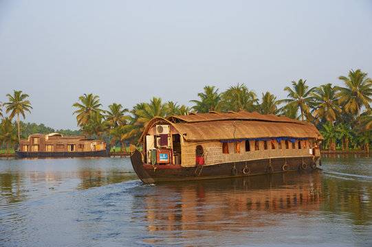 Houseboat for tourists on the backwaters, Allepey, Kerala