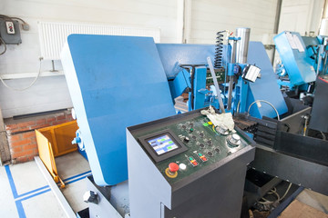 operating console of the modern powerful metal cutting laser mashine at factory. Modern production of metal details. control pane of industrial cnc plasma machine.