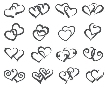 monochrome collection of various icons of hearts