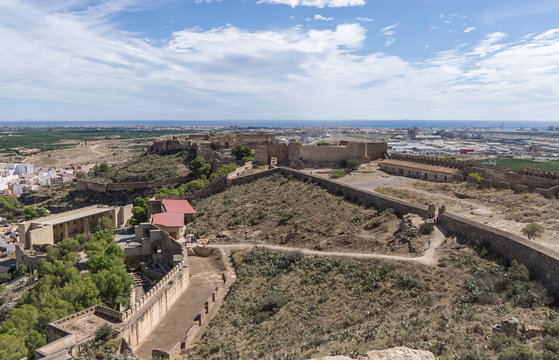 Sagunto Roman fortification castle near Valencia Spain Panoramic view, the old Roman theater restored to the left, in the background the Sagunto port